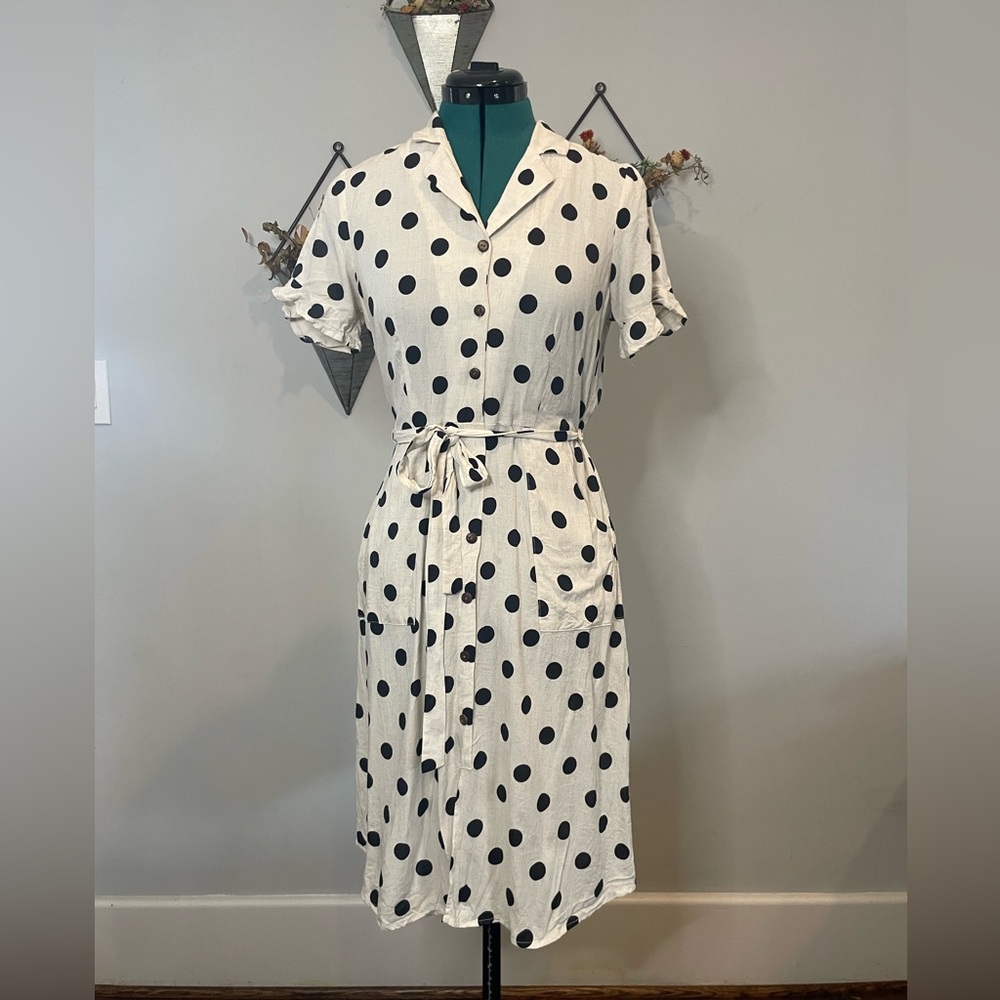 Monteau Black and White Polka Dot Tie Front Midi Dress